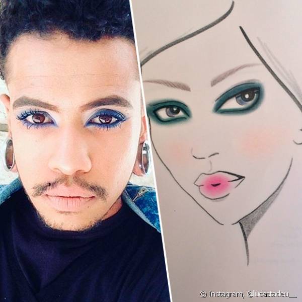 O esfumado azul ao redor dos olhos valorizou a maquiagem com pele leve e batom apagadinho (Foto: Instagram @lucastadeu__)